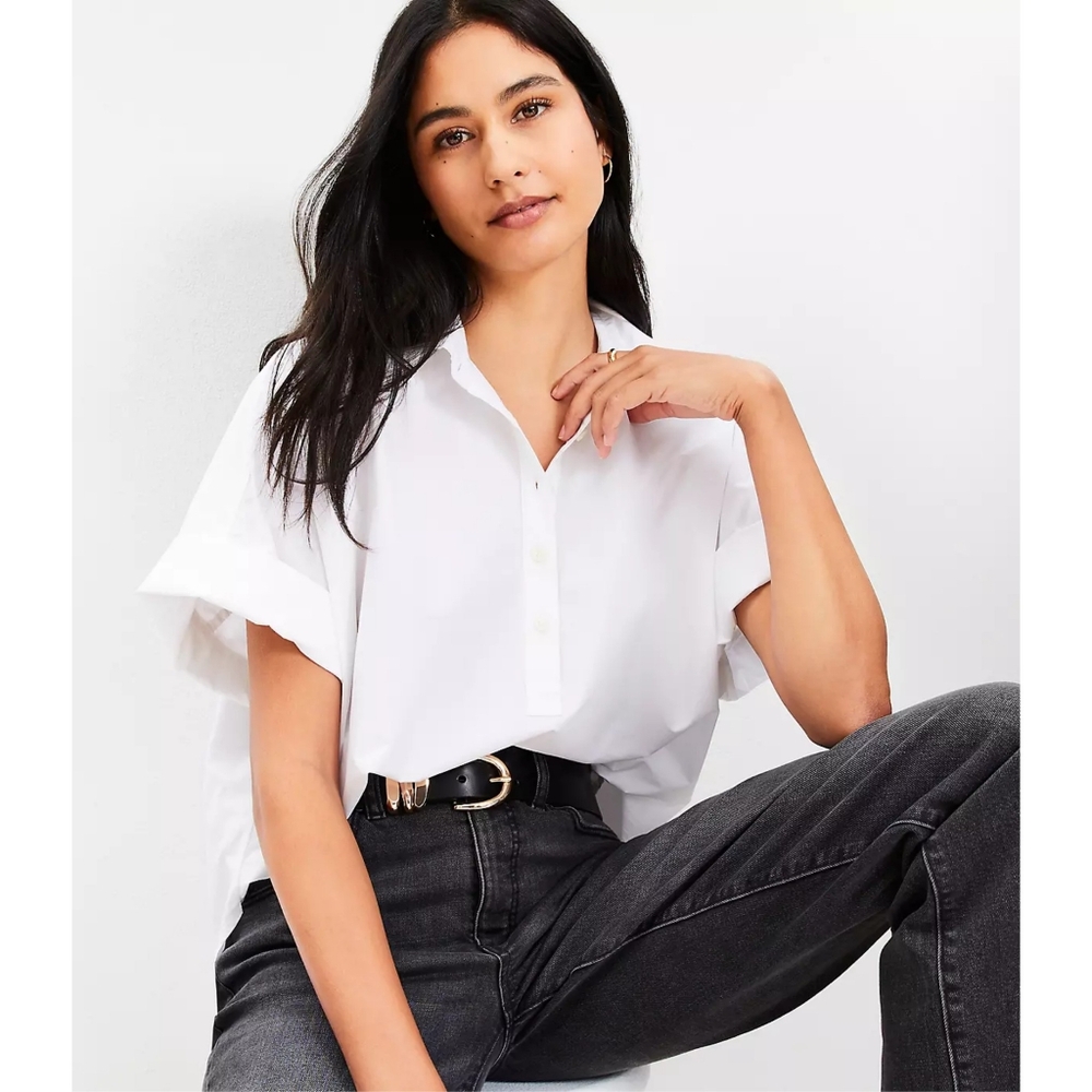 Zara Boxy Poplin Shirt With Cuffed Short Sleeves